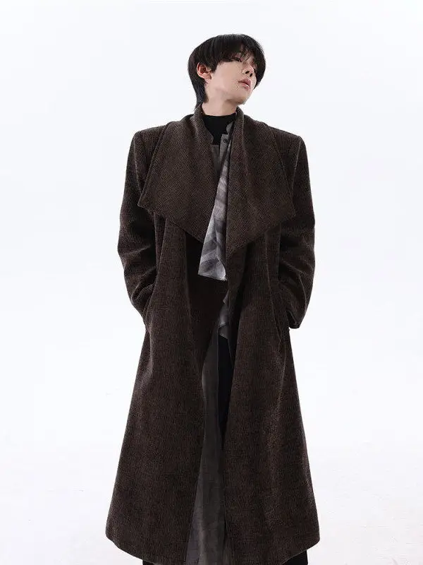 

Autumn Winter New Chinese Sle Warm Woolen Coat Long Collar enil Coat Vintage High Premium Feeling Men's Faion Outerwear