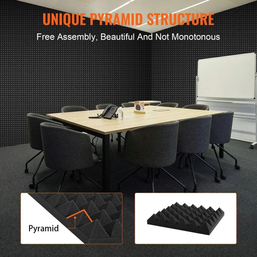 Panel Busa Akustik Peredam Suara Bentuk Piramida Tahan Api 12x12x2 Inci Hitam 24 Buah untuk Studio Peredam Suara