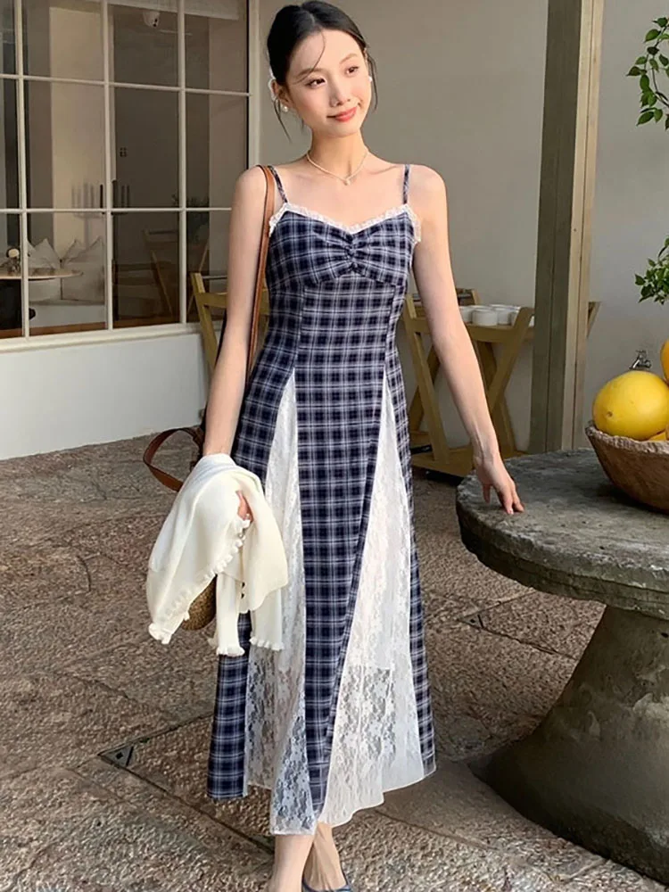 

Осеннее синее клетчатое лоскутное кружевное длинное платье, женское элегантное облегающее сексуальное платье на бретельках, 2024, корейское модное роскошное вечернее платье