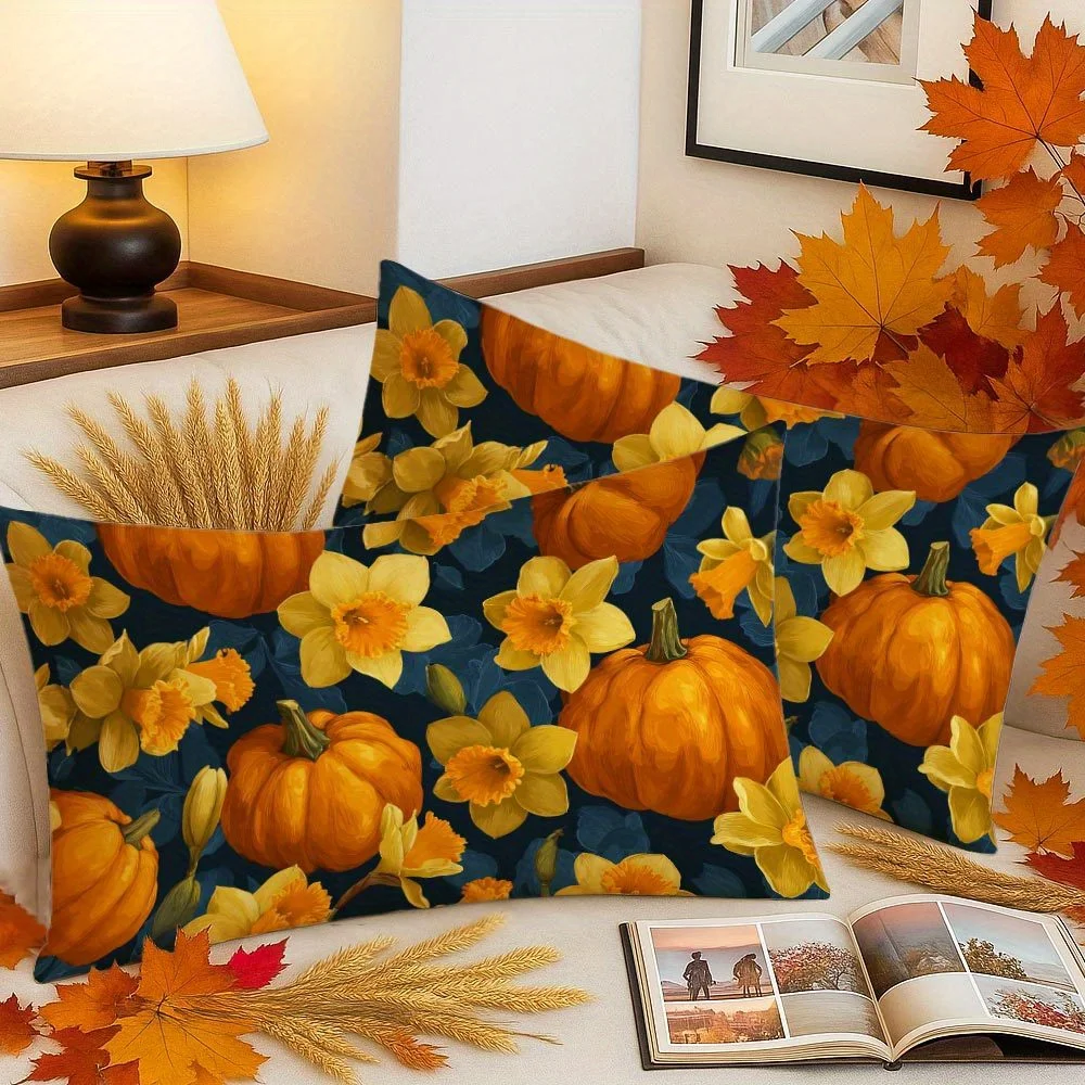 2D FLAT-2pcs Fall Pumpkin Daffodil Throw Pillow Covers Pillowcase sofa cushion cover family bedroom room decoration