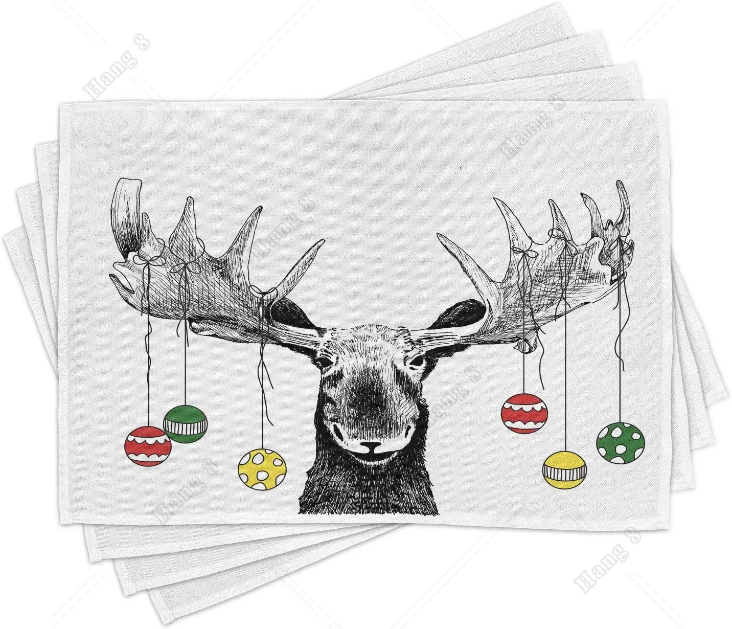 Moose Place Mats Set of 4, Christmas Animal Xmas Ornaments Balls Hanging from Horns Funny Noel Sketch Art Washable Placemats