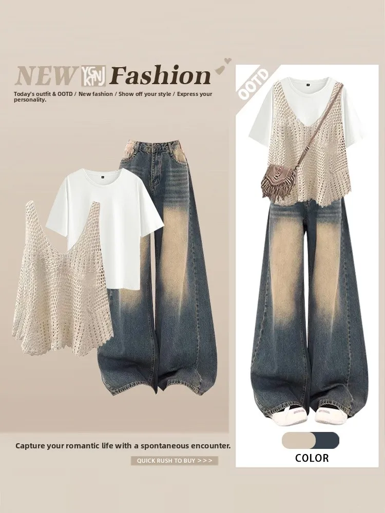 

Faionable Retro Streetwear Tee-Piece Set Hollow out Strap Vest White Top Jeans Wide Leg Pants Korean Sle Summer New Arr...