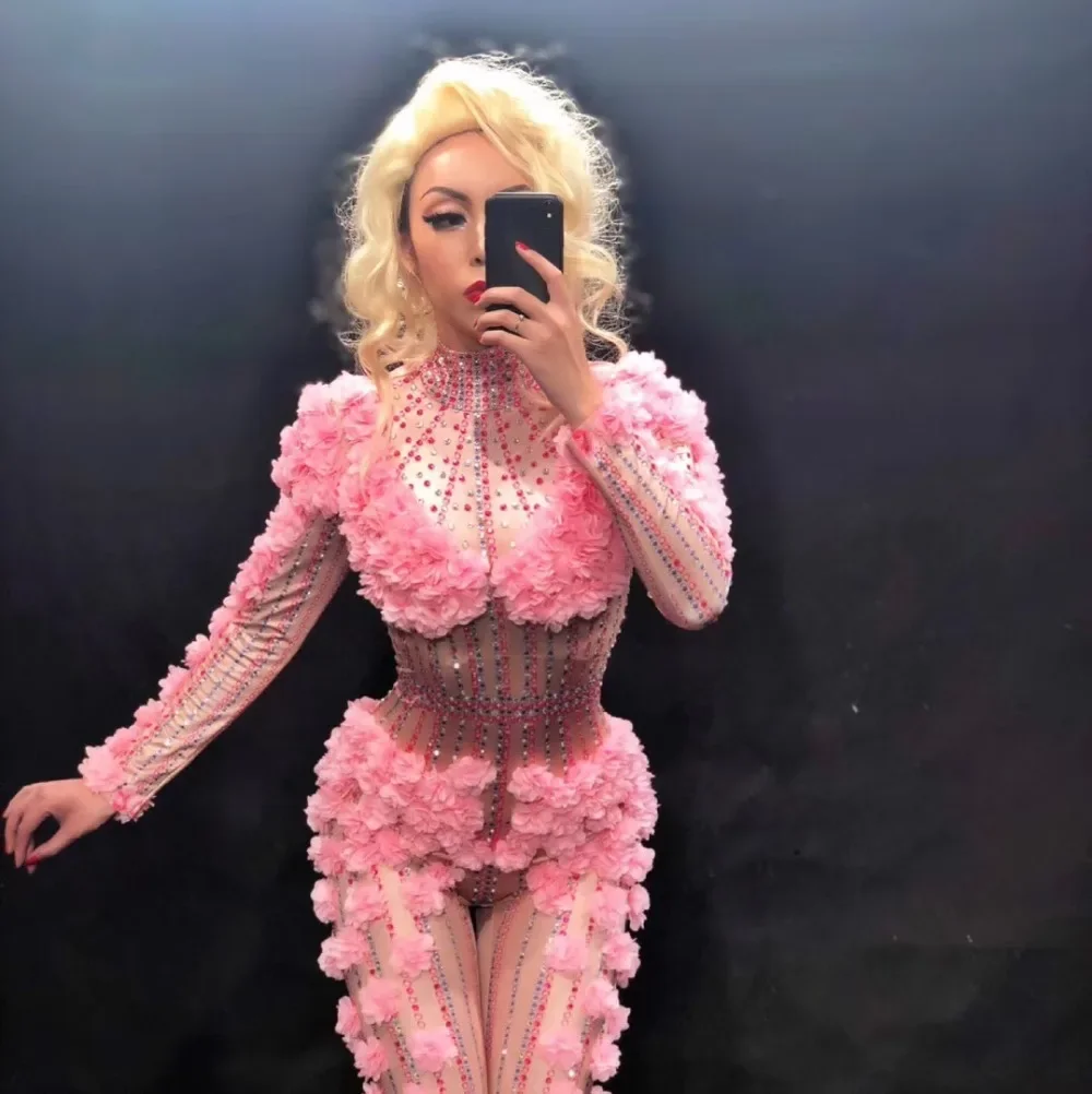 False Perspective Body Suit Nightclub Bar Sexy Jazz Pole Dance Performance Costume Pink Flower Rhinestone Photography Clothes