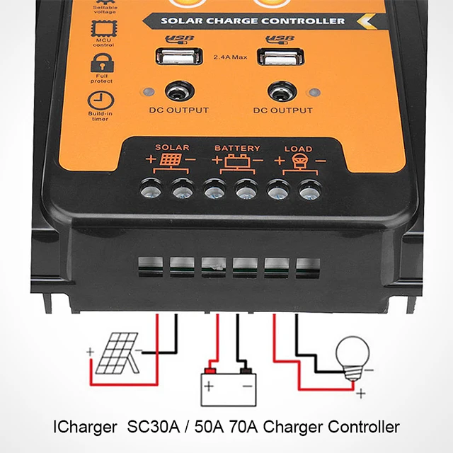 Display LCD Painel Regulador De Bateria, PV Energia Sistema De Carga, PWM Carregador Solar Controlador, USB, 30A, 50A, 70A, 5V