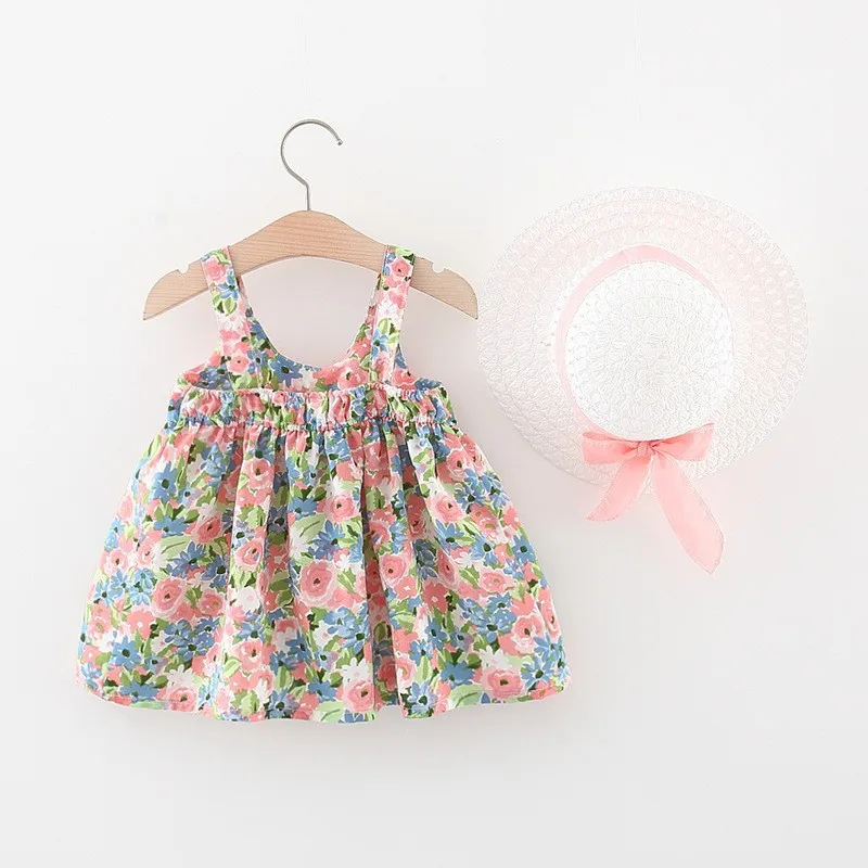 2Pcs/SetChildren\'s clothing girl\'s dress summer new Korean version suspender bow flower beach skirt with the same hat