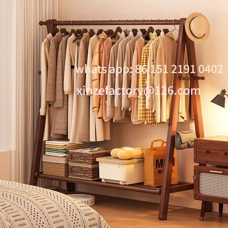 

Customizable solid wood hanger floor standing bedroom coat rack home drying rack