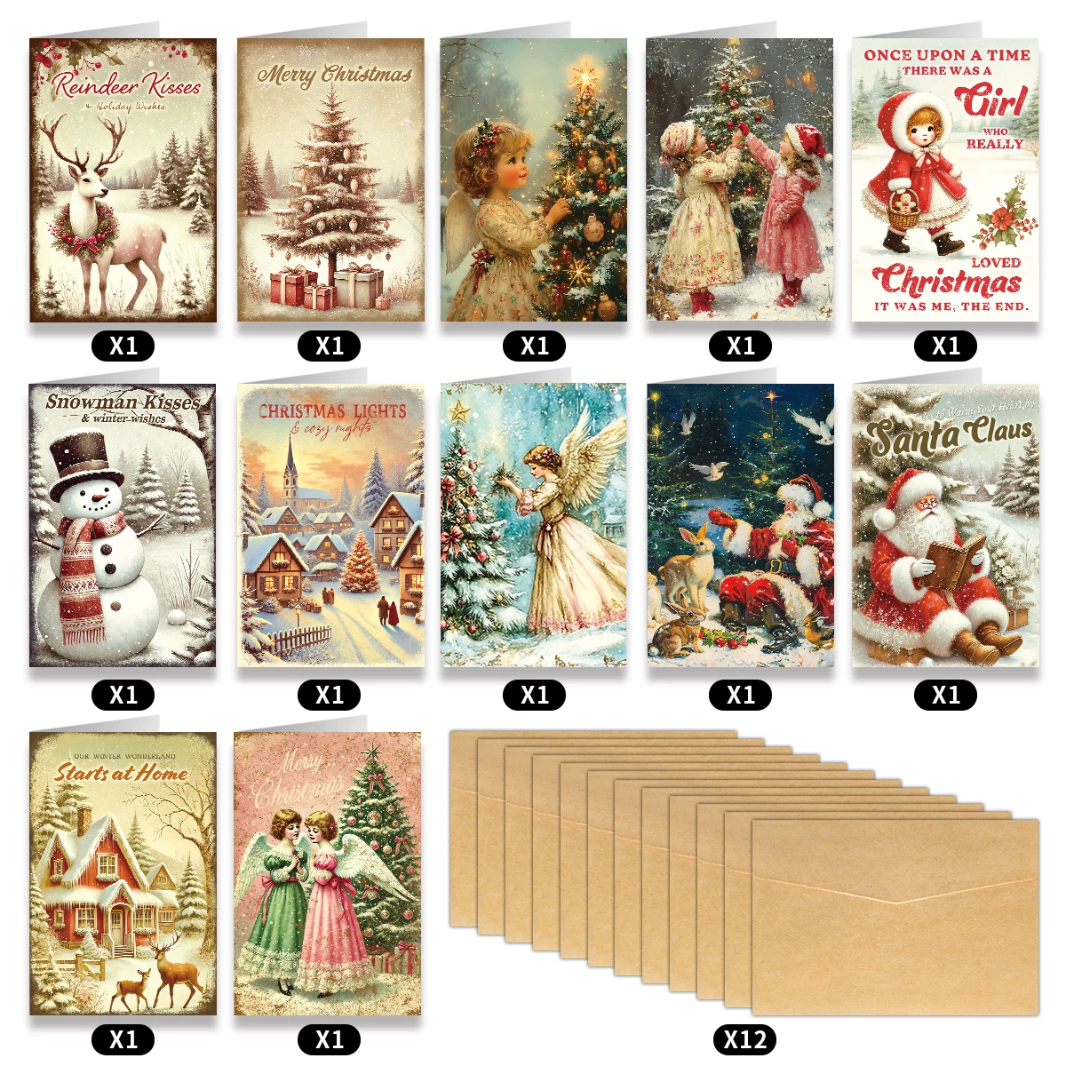 12 Stück Vintage-Weihnachtsgrußkarten, exquisite Illustrationen des Weihnachtsmanns, Weihnachtswünsche für Familie, Freunde, Home-Party-Karte
