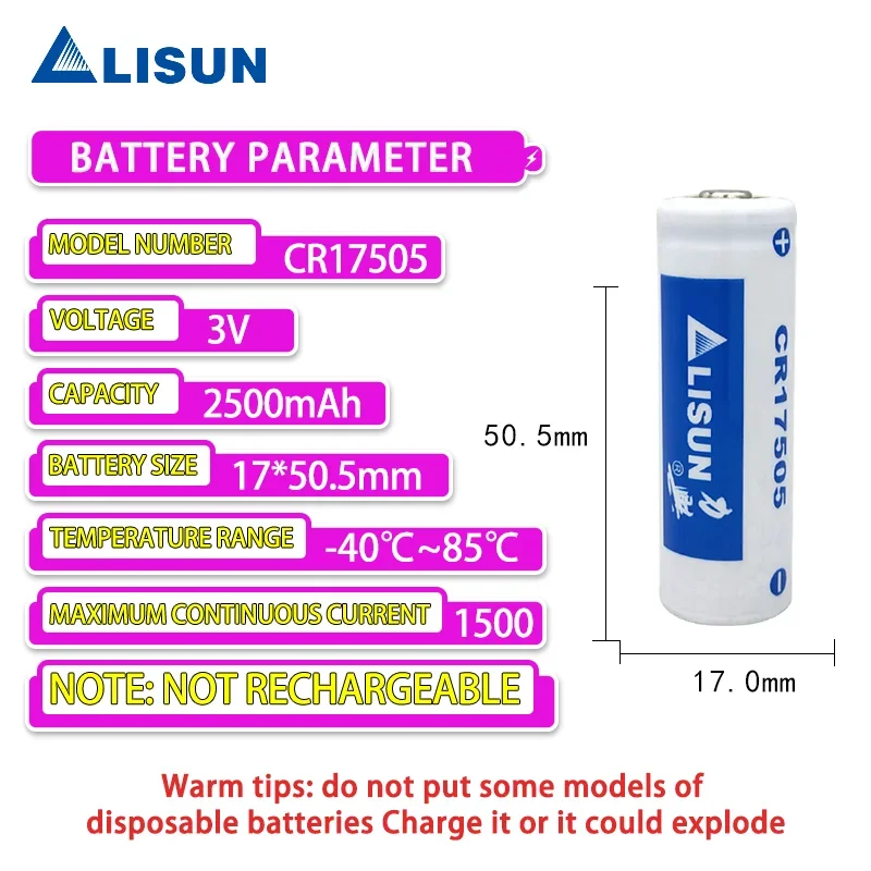 CR17505 3V Primary Lithium Battery for Intelligent Water Meter Smoke Alarm GPS Positioner PLC Industrial Control