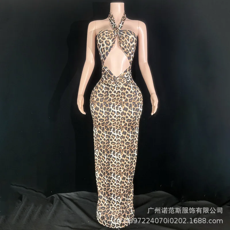 

Leopard Print Neck Sexy Backless Seaside Vacation Sunbathing Dress Studio Photo Light Luxury Birthday Party Dress Vestido Festas