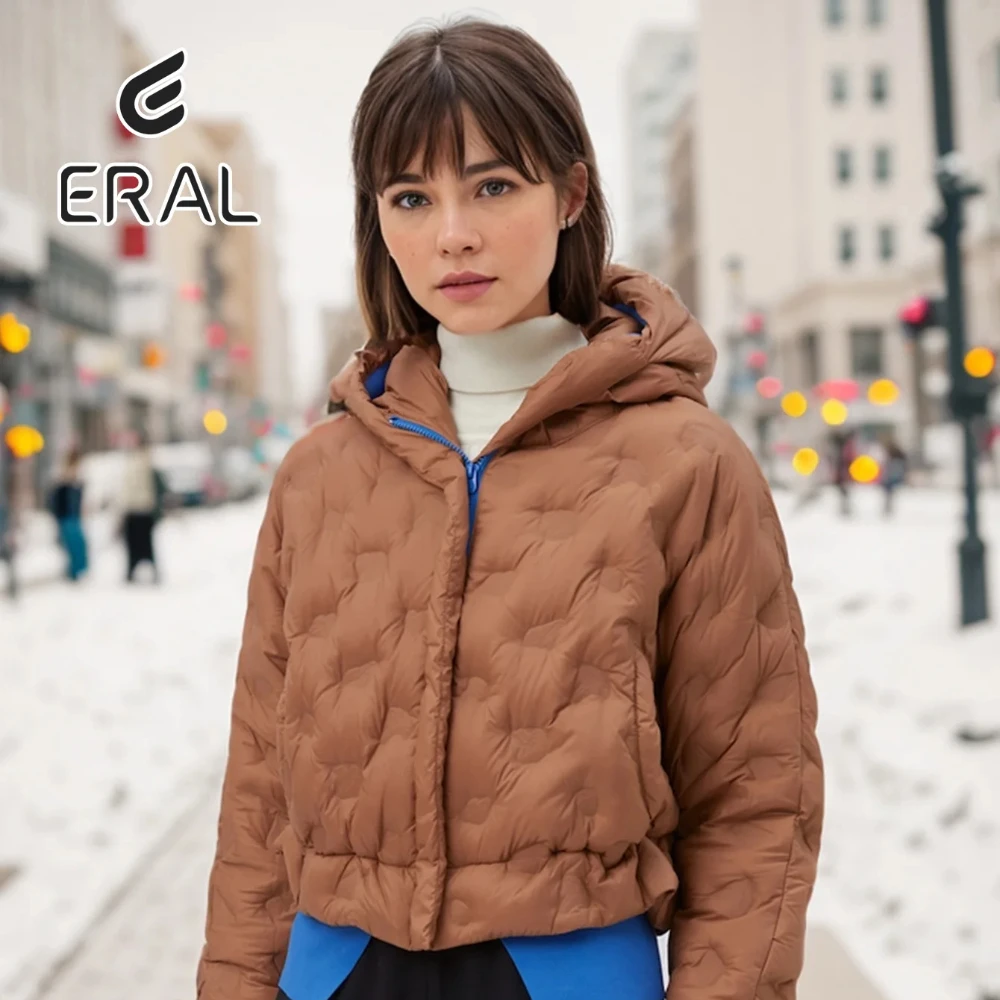 Eral Zip Up Snap Button Puffe,double fabric splicing with a two-tone design,good thermal insulation,duck down,warmth,mocha