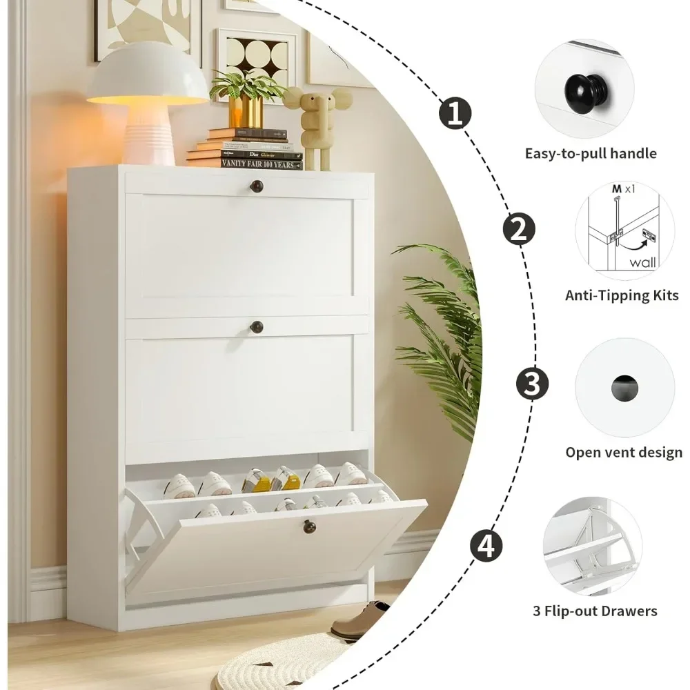 

Freestanding Shoe Storage Cabinet with Adjustable Shelf & Anti-Tipping Device, 3 Flip Drawers,Shoe Rack for Entryway, Hallway