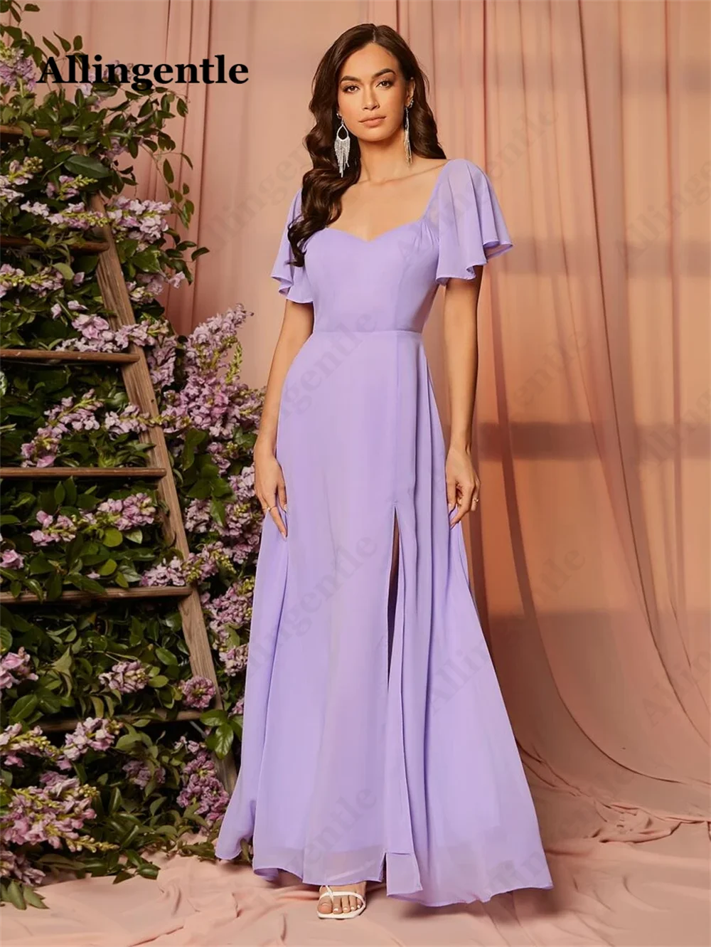 Allingentle Elegant Ruffles Short Sleeve Evening Formal Dress Sweetheart A-Line Side Slit Maxi Dress Bridesmaid Prom Gown Custom