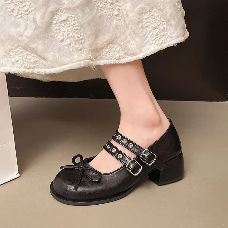Women Mary Jane Shoes French Shallow Mouth Single Shoe Round Toe Small Leather Shoes for Women Casual Single Shoes Zapatos Mujer