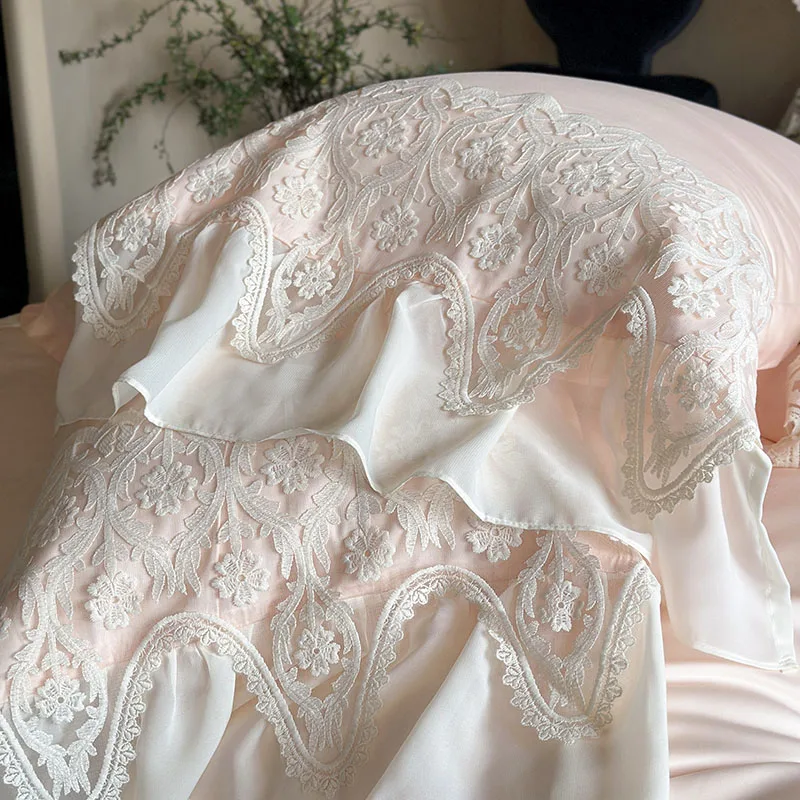 Luxury Chiffon Lace Princess Bedding Sets Egyptian Cotton Embroidery Solid Color Quilt/Duvet Cover Bed Sheet Pillowcases