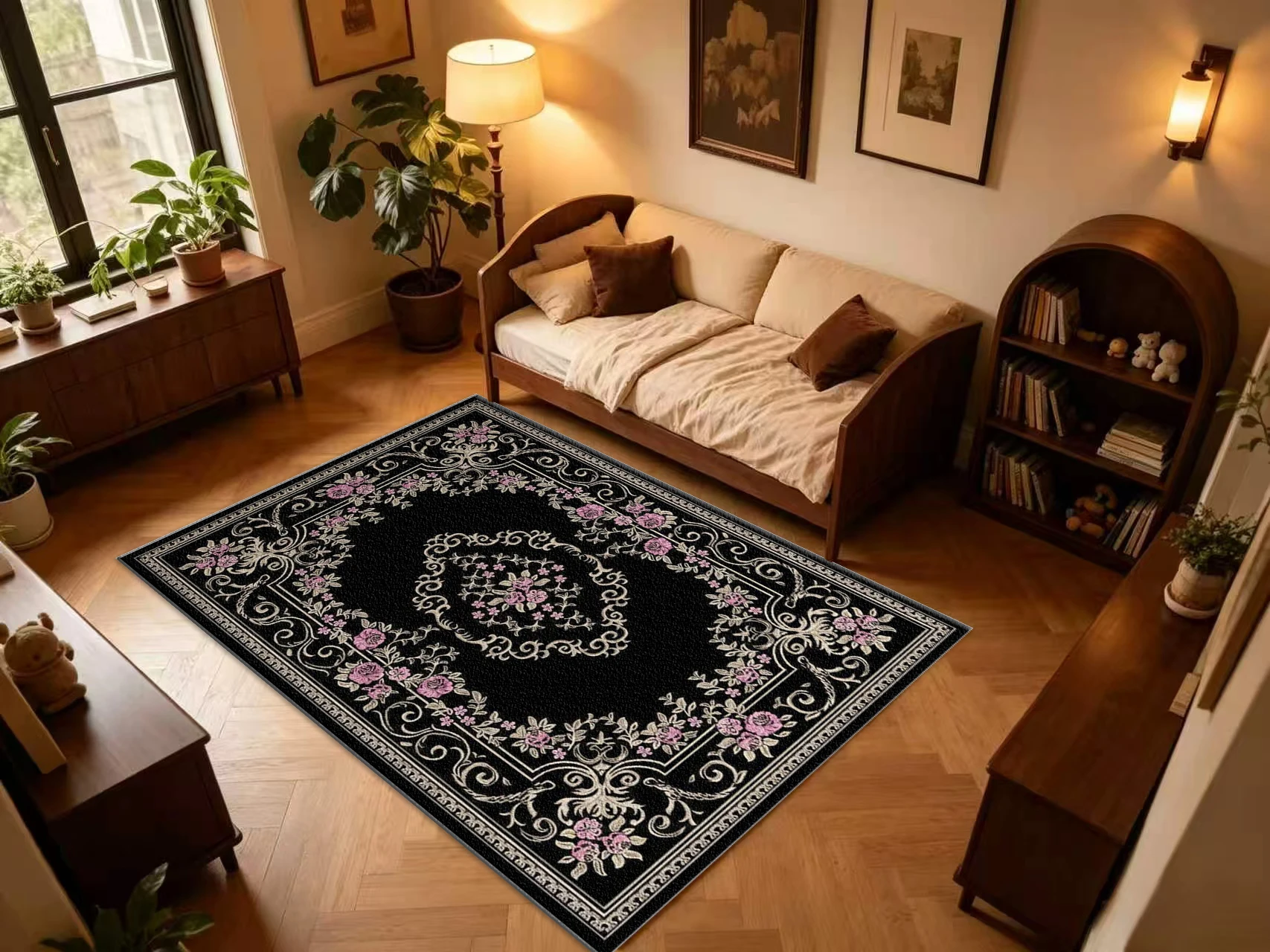 Black Background Pink Rose Floral Square Area Rug European Ornate Border Printed Floor Carpet for Living Room Bedroom Home Decor