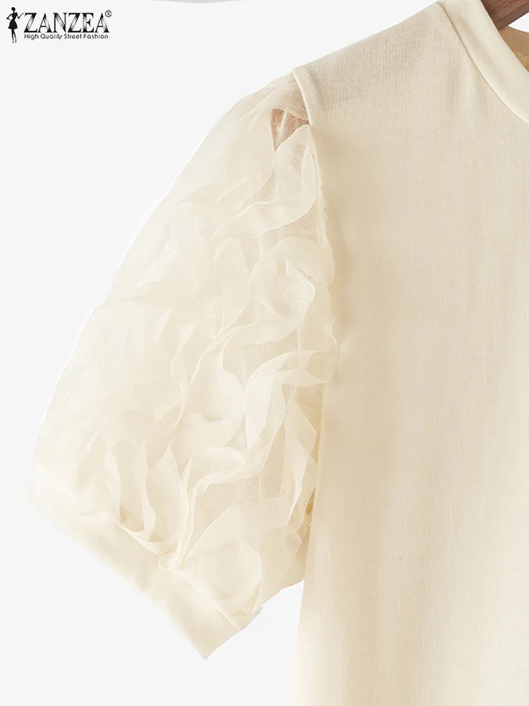 2025 ZANZEA Women Ruffled Patchwork Blouse Summer Casual Loose Tops Lantern Short Sleeve Shirts Vintage Solid Round Neck Tunics