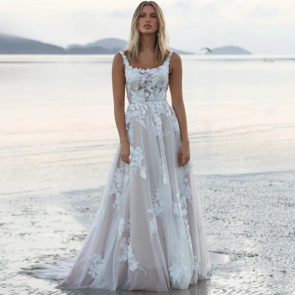 Bohe A-line Wedding Dresses for Women Square Collar Zipper Lace Appliques Sleeveless Bridal Gown Robe De Mariee Customised