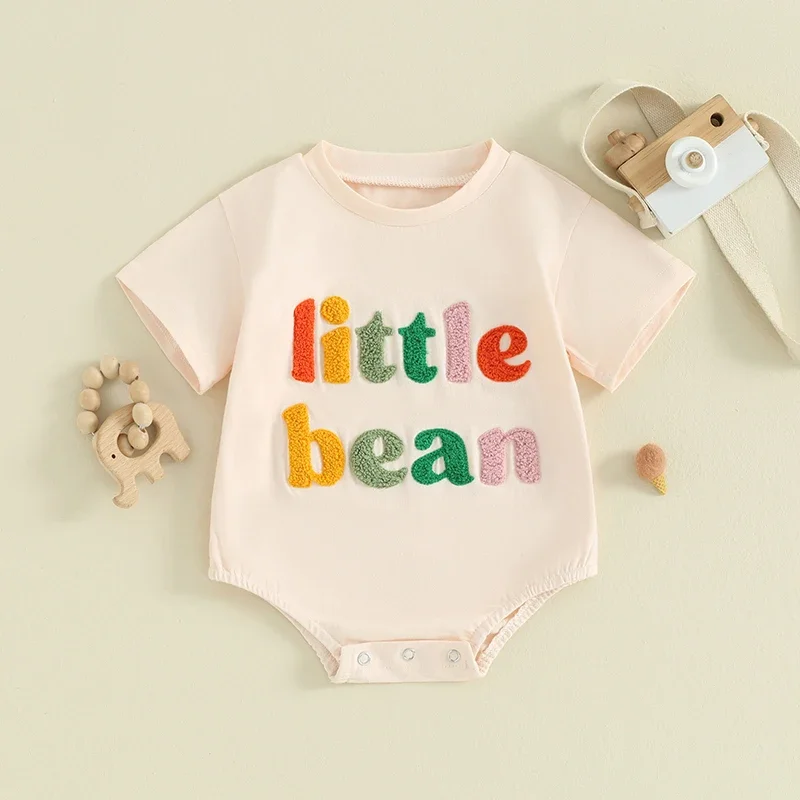 

Baby Girls Boys Rompers Fuzzy Letter Embroidery Crew Neck Bubble Short Sleeve Infant Bodysuits Summer Clothes Jumpsuits