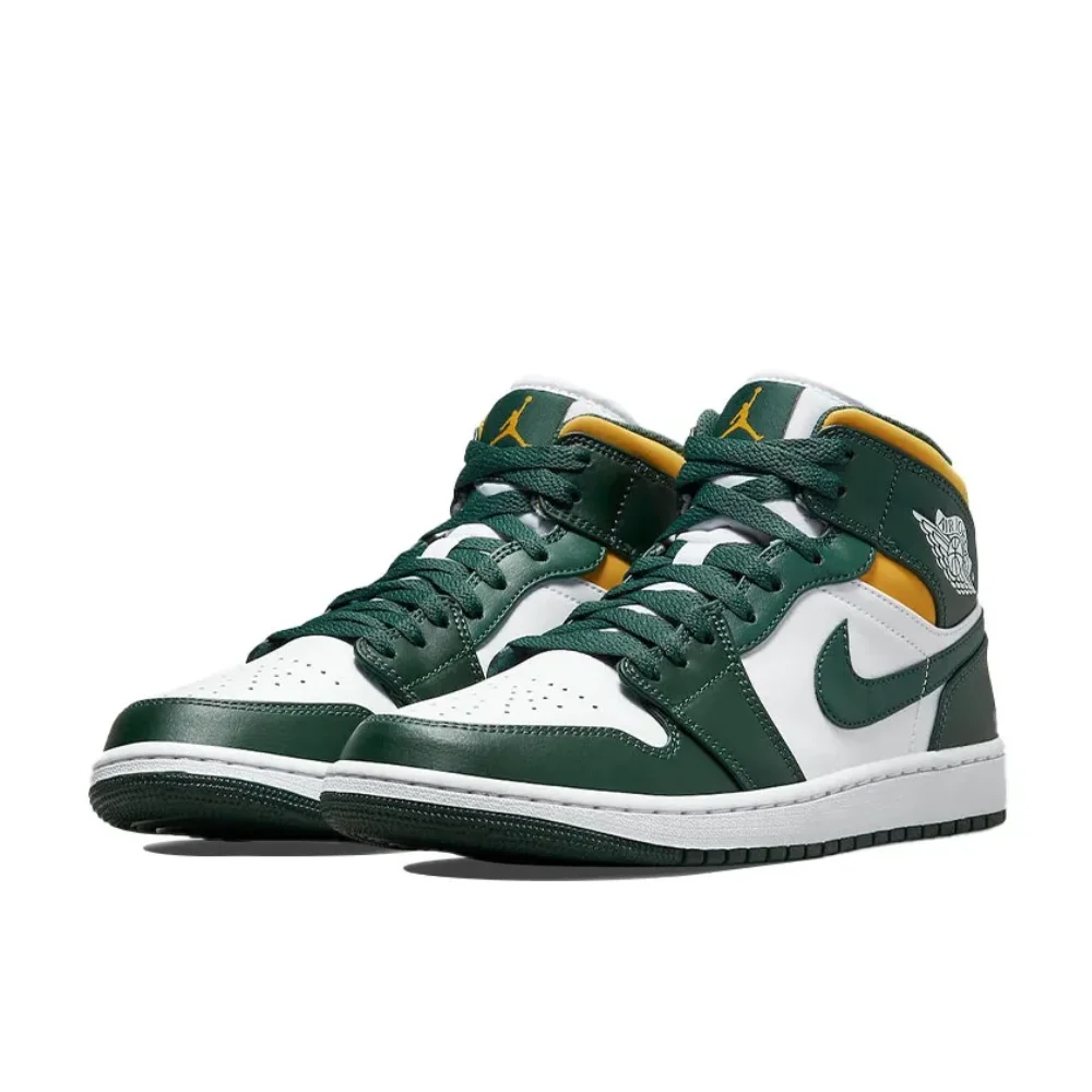 حذاء Nike Original Air Jordan 1 MID حذاء رياضي عصري ومتعدد الاستخدامات للرجال والنساء باللون الأبيض والأخضر والأصفر