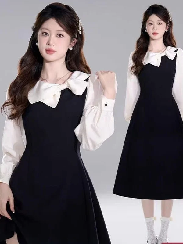 Large Size Hepburn Style Fake Two-Piece Dress Elegant Ladylike Autumn New Arrival Midi Skirt Long Sleeve Knot Frenc...