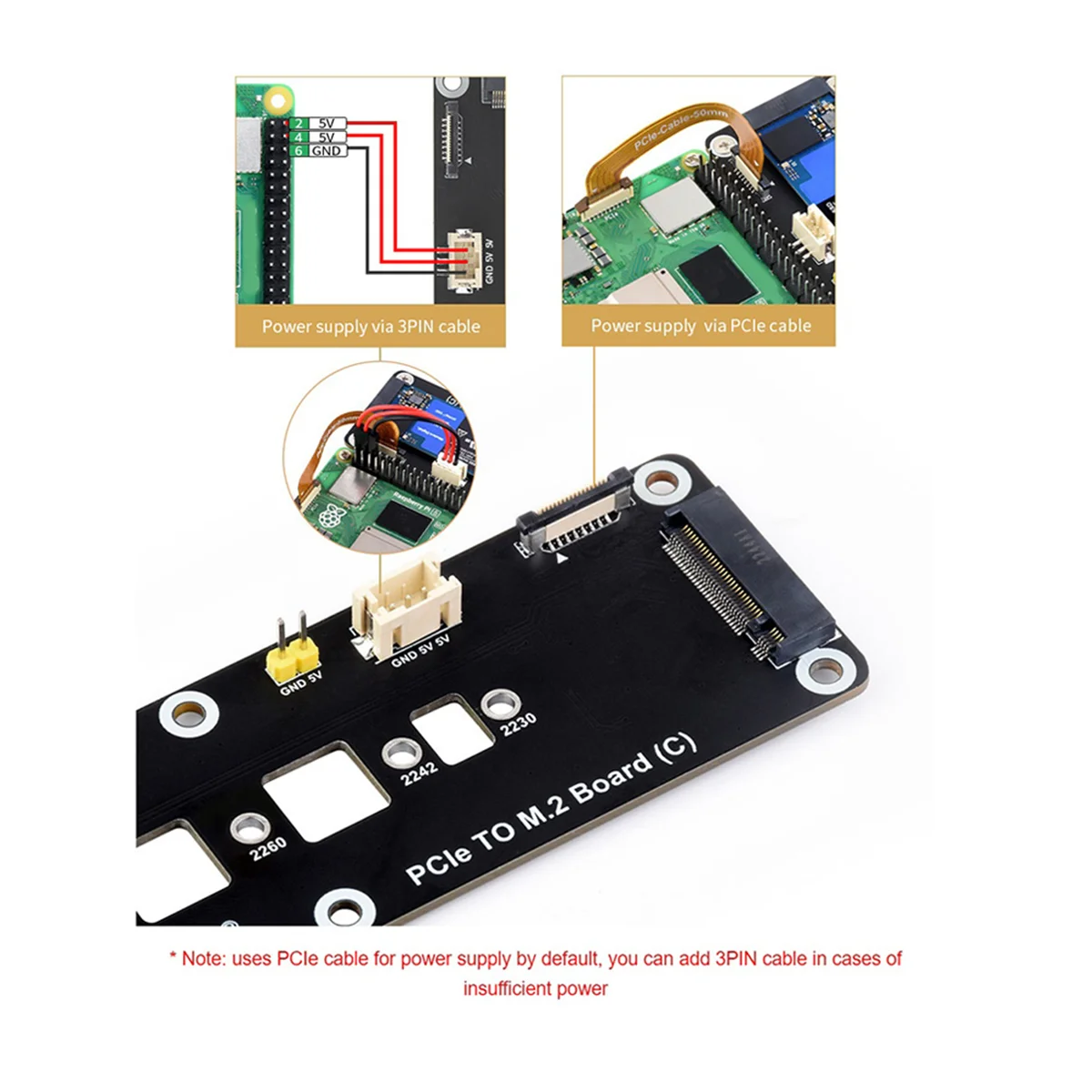 

For RPi 5 PCIE to M.2 Adapter Board for Raspberry Pi 5 PCIE to M.2 NVMe 2230/2242/2260/2280 SSD Expansion