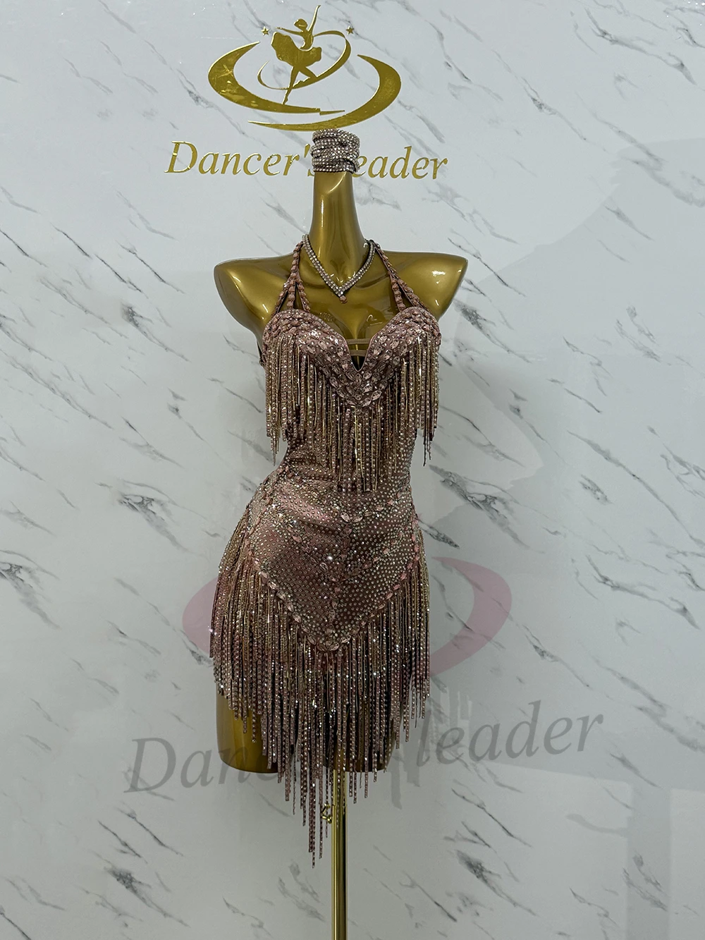 Latin Dancer Adult Children High end Customized Rose Gold Strap Dress Tango Samba AB Stone Performance Dress