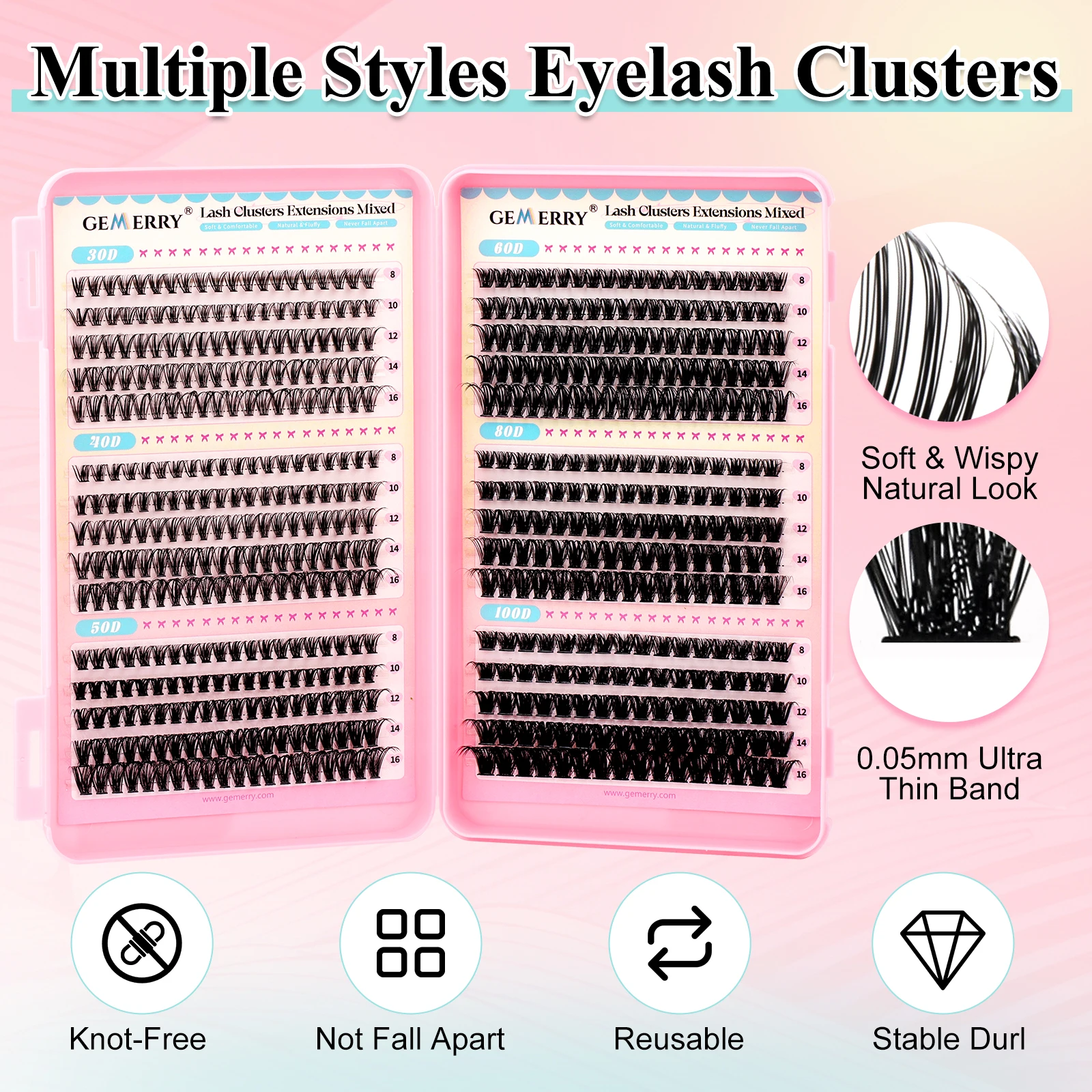 GEMERRY DIY Cluster Eyelash Kit Extension 30D/40D/50D/60D/80D/100D Cluster lash Extensions with Lash Bond&Seal and Tweezers