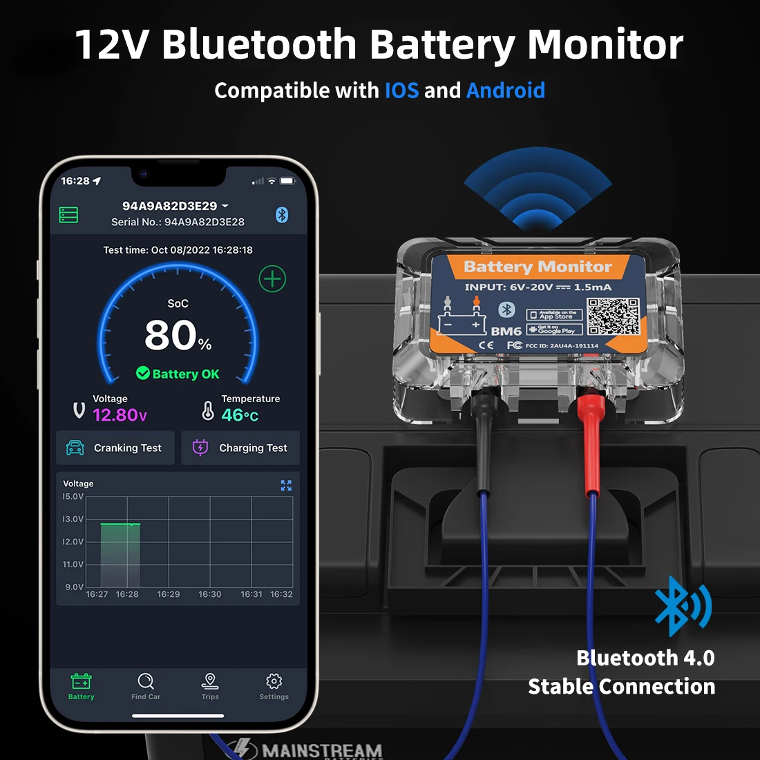 QUICKLYNKS BM6 Wireless Bluetooth 4.0 12V Battery Monitory with Car Battery Health Check APP Monitoring Battery Tester