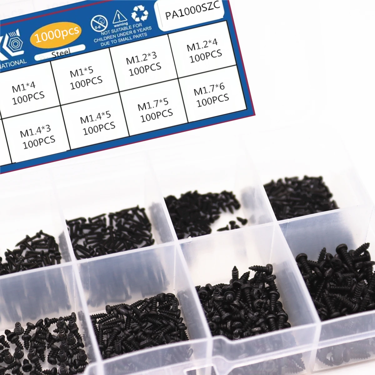 1000pcs/set M1/M1.2/M1.4/M1.7 Round Cross Head Stainless Steel Screws Pan Self Tapping Screw Set Assortment Kit Black