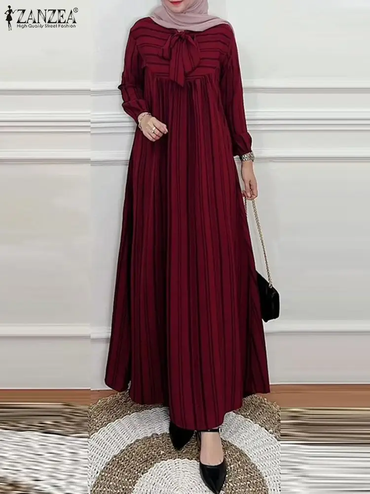 ZANZEA Muslim Fashion Bow Tie Neck Maxi Dress Women Elegant Striped Patchwork Ruffled Long Robes Islamic Lantern Sleeve Abaya