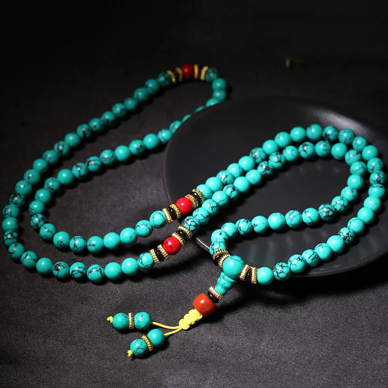 Natural Turquoise Bracelet Mala Beads 108 Necklace Sweater Chain Green Turquoise Stone Multilayer Tassel Charm Bracelets Bangles