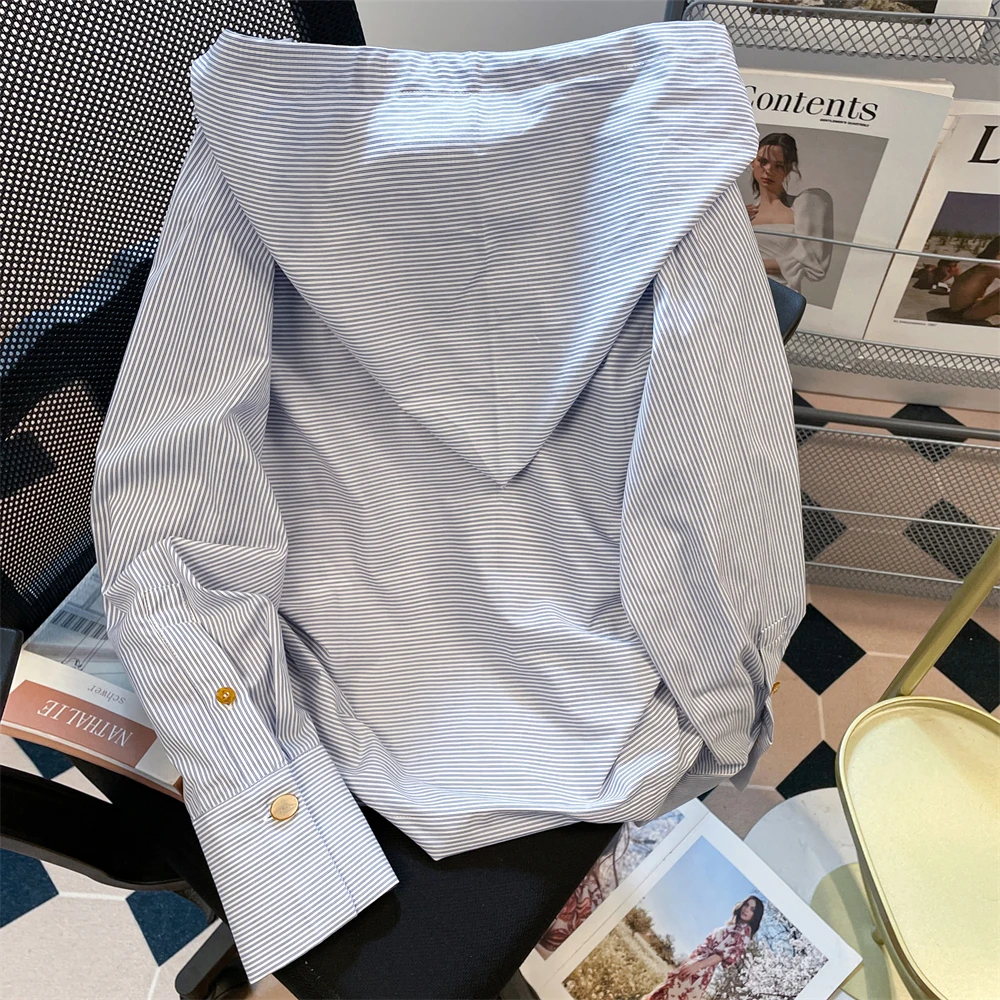 Полосатая рубашка с капюшоном на шнурке, женская осенняя корейская шикарная уникальная свободная посадка, пуловер с длинными рукавами, повседневная верхняя одежда, женский топ