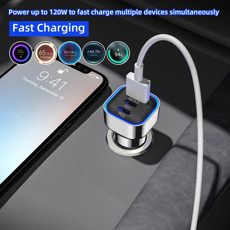 

Автомобильное зарядное устройство для телефона 120 Вт, USB Type C, 3-портовое зарядное устройство, адаптер для быстрой зарядки, USB C, зарядное устройство для мобильного телефона в автомобиле для iPhone Samsung