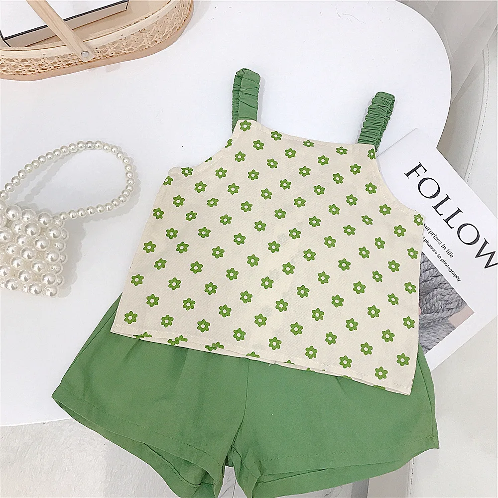 Summer Little Girl Korean Style Cute Set Baby Girl Walking Floral Halter Two-piece Sets Children\'s Casual Home Vacation Clothing