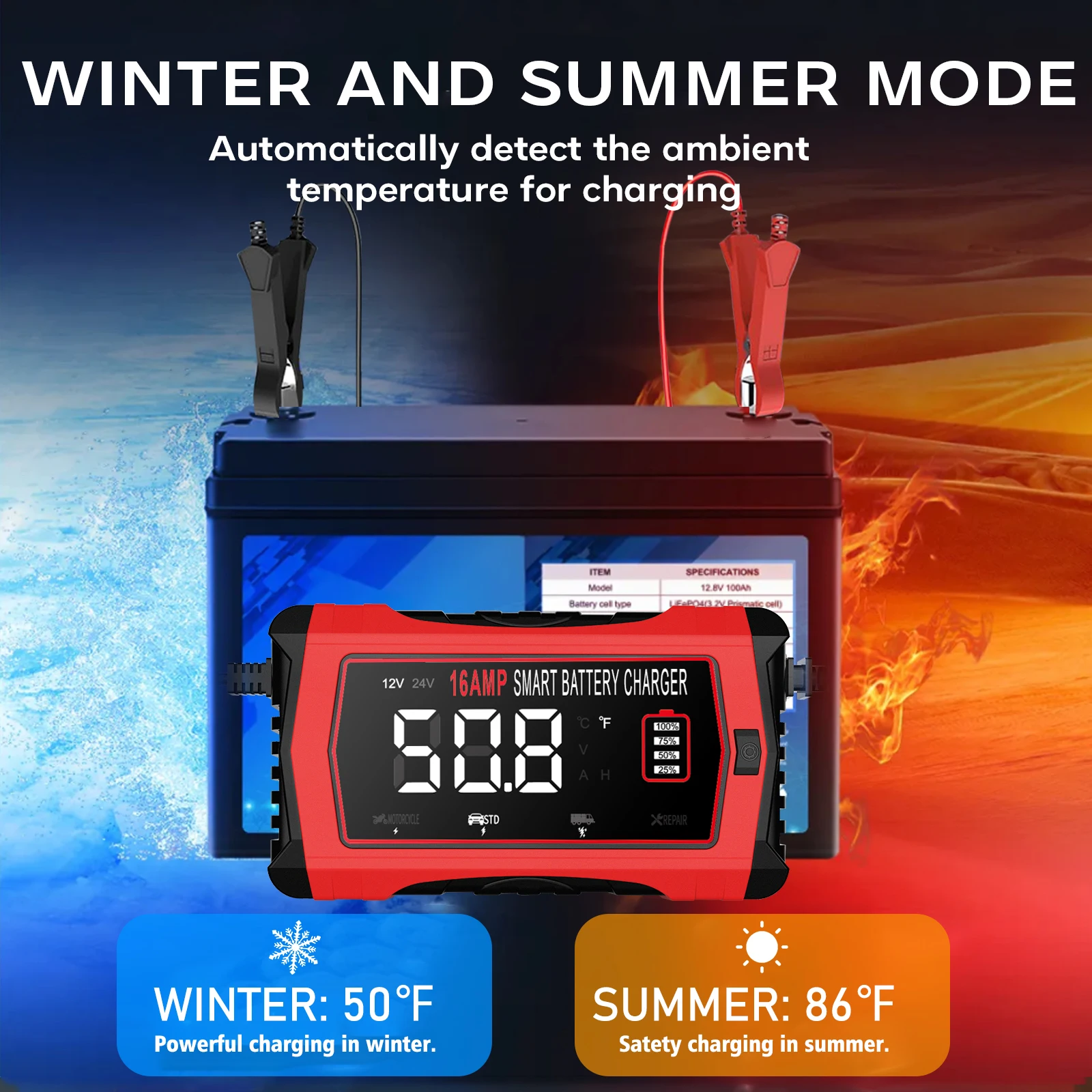 HTRC 12V 16A 24V 10A Nabíječka autobaterií pro lithiové, LiFePO4, AGM, gelové, olověné a kyselinové baterie Pulzní opravná nabíječka pro motocykly - náhled 6