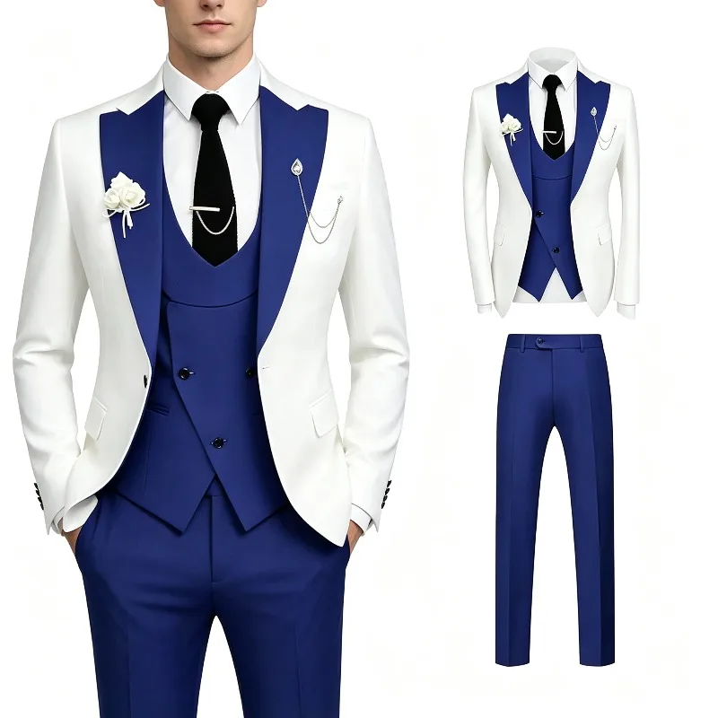 Color Blocked Men's Business Suit Set - Gentleman Peak Lapel Blazer Vest Pants British Style Casual Wedding Banquet Male Suits
