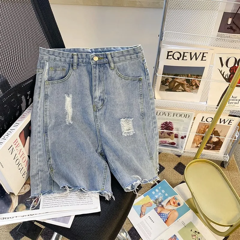 Pantaloni al ginocchio in Denim strappato con foro estate 2024 delle donne nuovi pantaloni da ciclismo con spacco dritto a vita alta coreani pantaloni centrali