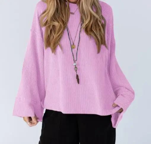 

Women's Hollow Out Twisted Ribbed Long Sleeved T-Shirt Trendy and Loose Casual Commuting Top