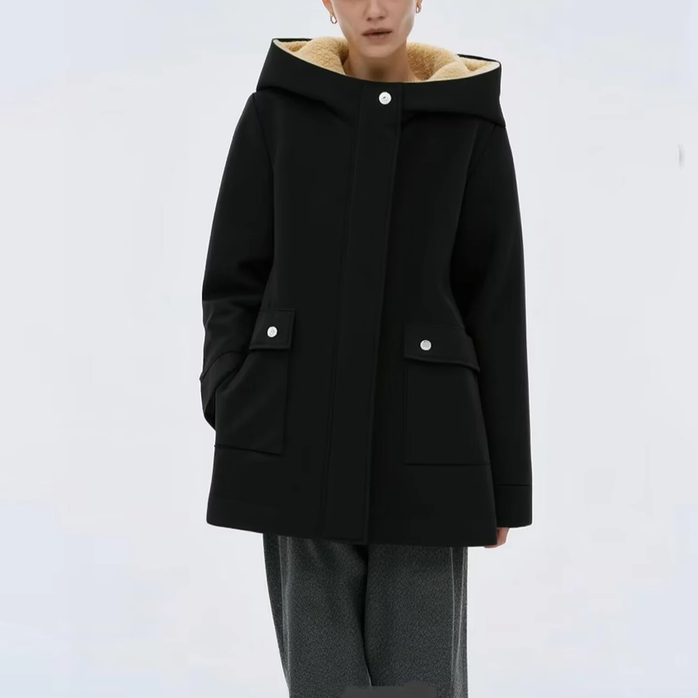 

Women's Fce Lined Hooded Jaet Thiened Cotton Parka Sle Zipper Closure Long Sve Regular Fit Summer 2025 New Arrival