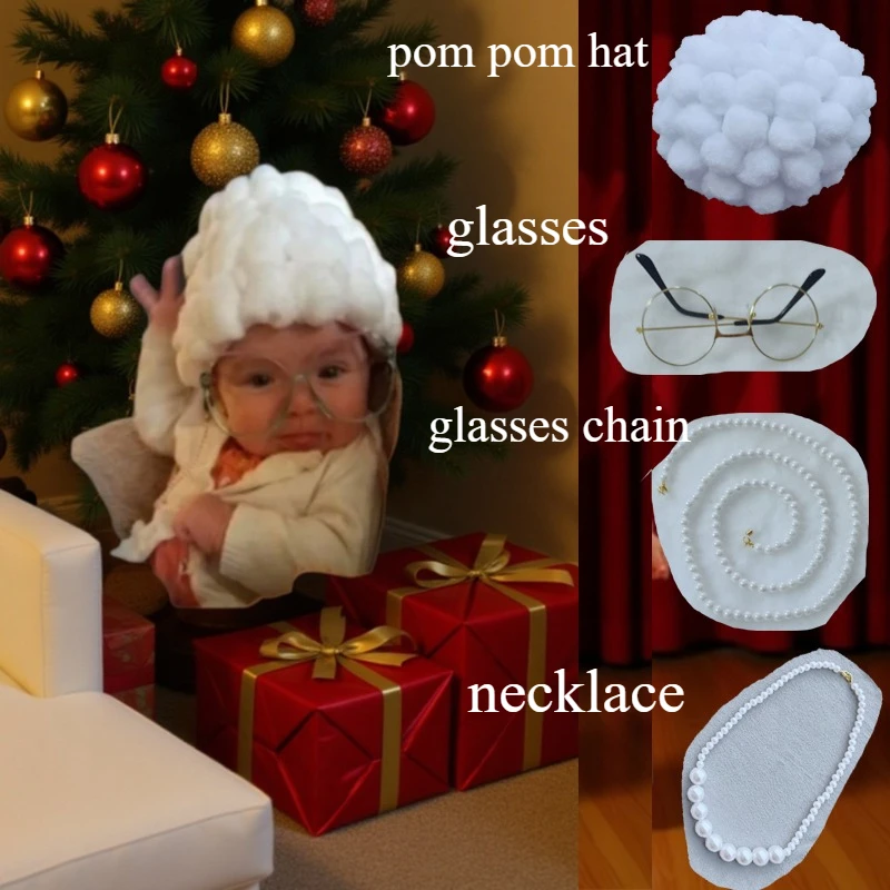 

Baby Old Lady Wig Hat Set - 4-Piece Curly Cap with Spectacles & Pearl Accessories - Newborn Photography Funny Prop