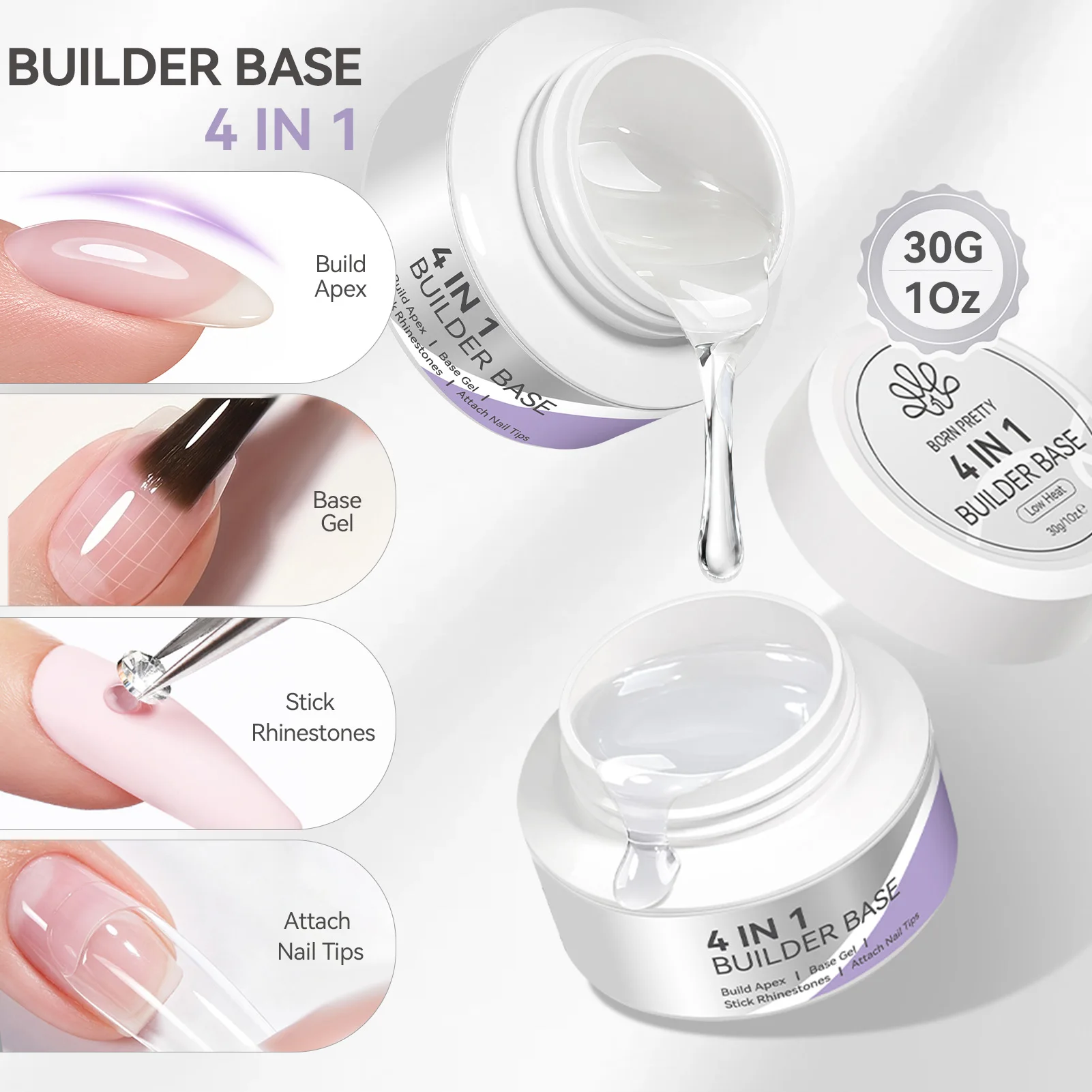 BORN PRETTY 30g 4 IN 1 Building Base Gel Extension Construction Self Leveling False Nail Tips Stick Rhinestones DIY Nail Salon