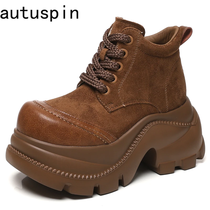 

AUTUSPIN женские ботильоны из натуральной кожи, лоферы на платформе и высоком массивном каблуке 9 см, весенне-осенние нескользящие ботильоны с широким круглым носком