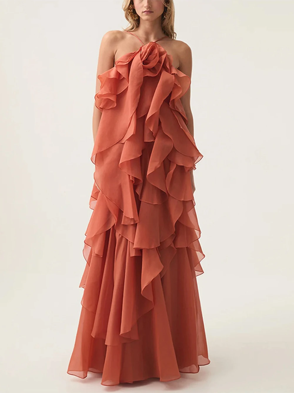 Modphy sexy multi camadas babados rendas vestido longo feminino flor sem costas sólido festa praia vestidos femininos 2025 verão senhora robe