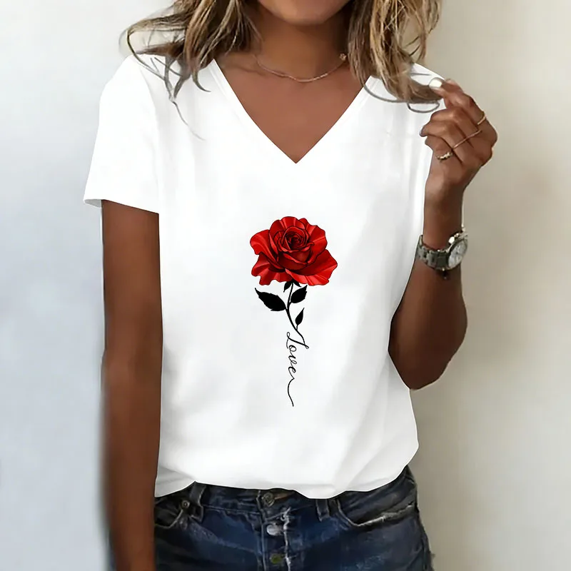 Love Rose T-Shirt mit V-Ausschnitt, lässige Mode, Y2k 90er Jahre, bedruckte T-Shirts für Damen, kurzärmeliges T-Shirt mit V-Ausschnitt, Sommer, Frühling