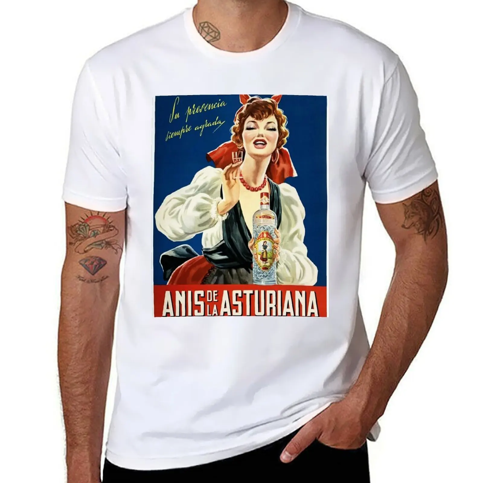 Camiseta con Publicidad de la Licorera de Anís Español Anis De La Asturiana, Camiseta para Vacaciones de Verano