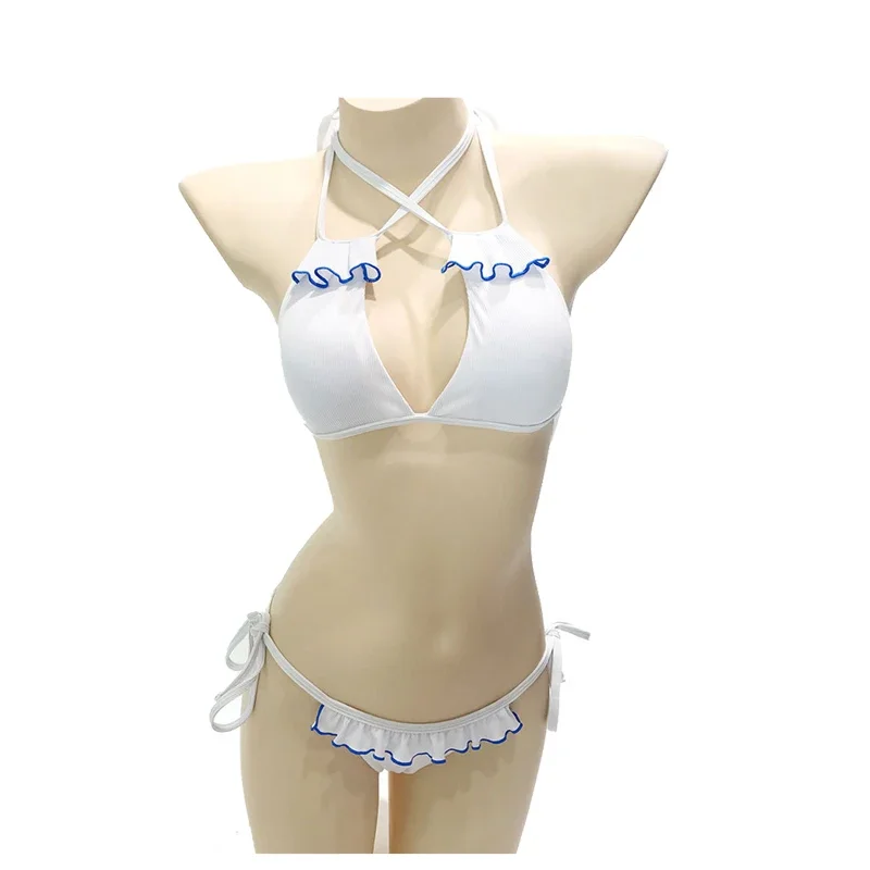 

Ruffled Bikini White String Blue Archive Cosplay Swimsuit Criss Cross Bandage Swimwears Women Halter Backless Beach Bathing Suit