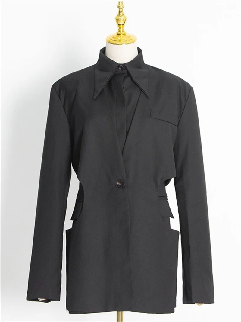 Trajes negros para mujer, chaqueta Formal de oficina, ropa de trabajo de negocios, abrigo con Cuello de camisa, traje de otoño, 1 pieza