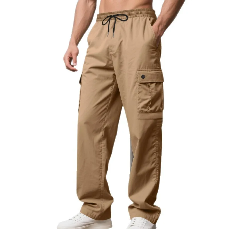 الخريف الشتاء متعددة جيب البضائع السراويل الرجال فضفاضة عادية صعبة مستقيم الرجال سراويل تقليدية عالية الخصر