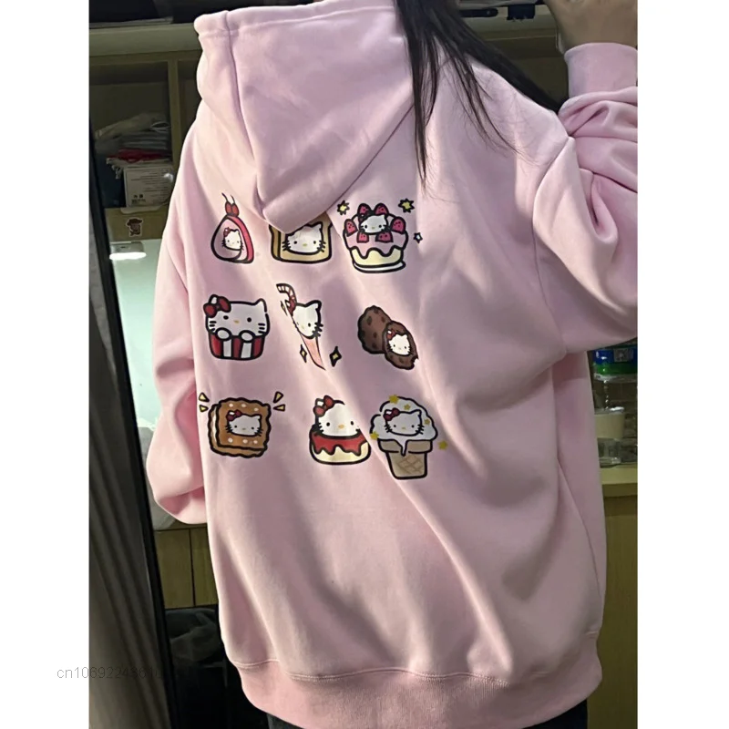 Sanrio Hello Kitty New Pink Hoodies Y2k Cartoon Print Sweet Clothes Women Pullovers Korean Fashion Sweatshirt Female Tops Hooded