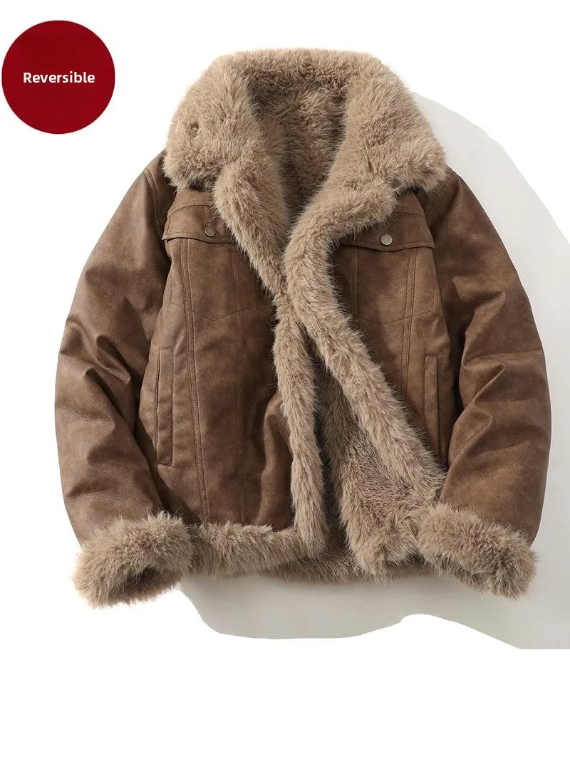 

Американский ретро-пиджак из искусственного меха ягненка, мужская утепленная куртка-байкер, модная городская двусторонняя одежда для пар